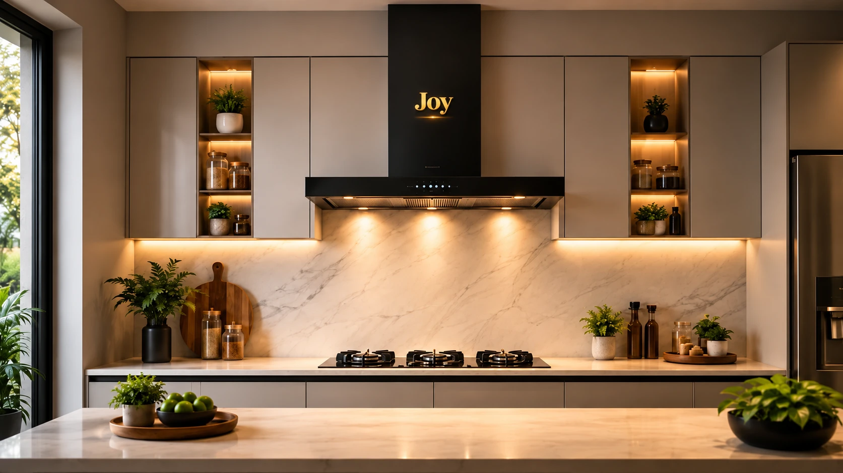 Modern kitchen with a premium wall-mounted chimney installed above the cooktop, with gold Joy branding